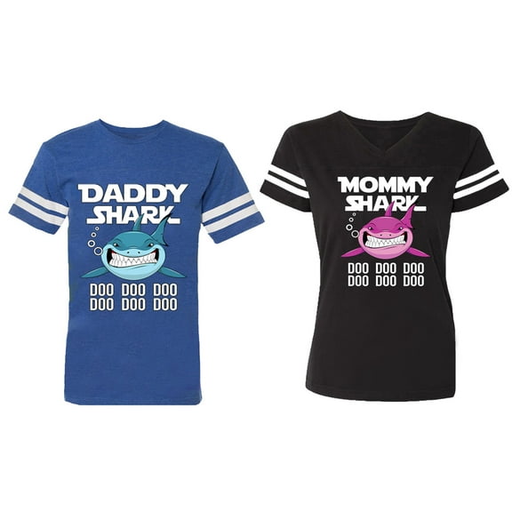 Dady Mama Shark Matching Couple Cotton Jerseys (Men Royal / Women Black) (Men S / Women S)