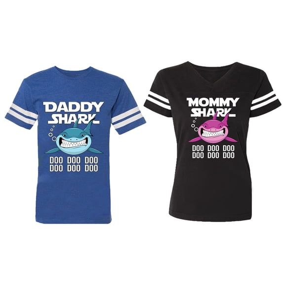 Dady Mama Shark Matching Couple Cotton Jerseys (Men Royal / Women Black) (Men XL / Women L)