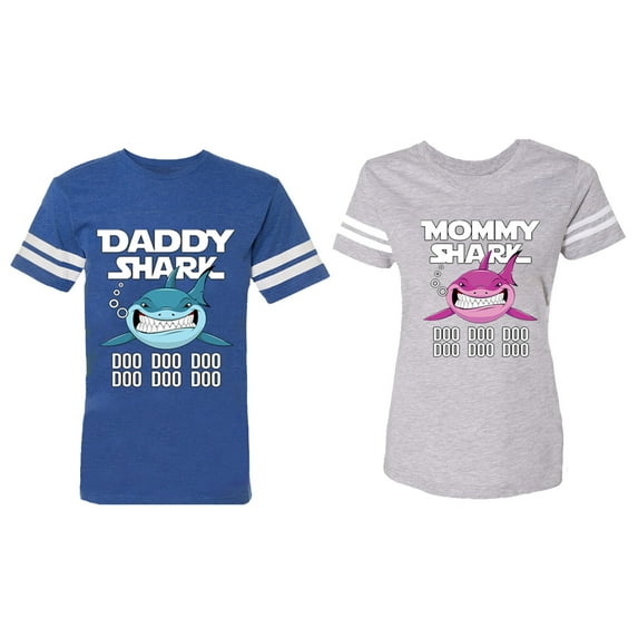 Dady Mama Shark Matching Couple Cotton Jerseys (Men Royal / Women Heather) (Men M / Women M)