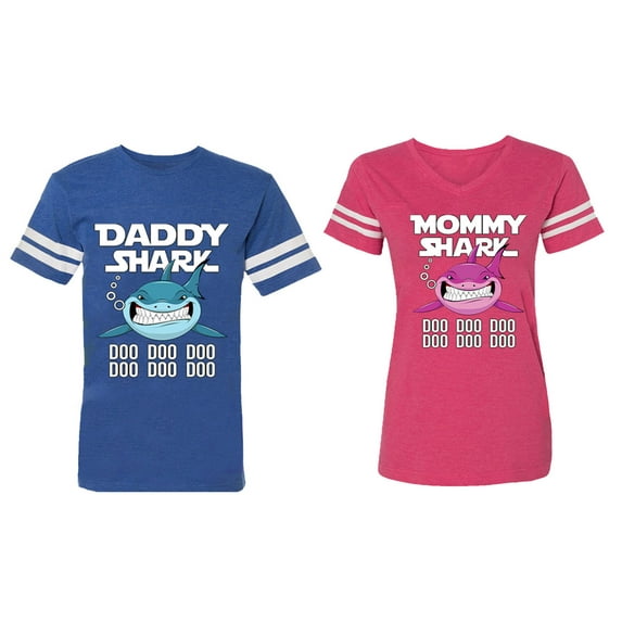 Dady Mama Shark Matching Couple Cotton Jerseys (Men Royal / Women Pink) (Men S / Women M)