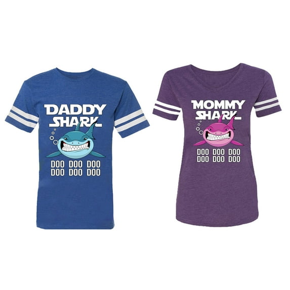 Dady Mama Shark Matching Couple Cotton Jerseys (Men Royal / Women Purple) (Men M / Women L)