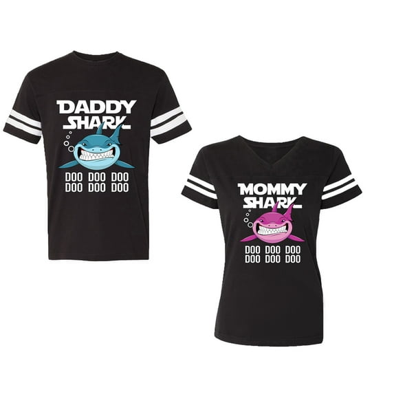 Dady Mama Shark Unisex Couple Matching Cotton Jersey style T-Shirt Contrasting stripes on sleeves (Men Black / Women Black) (Men S / Women S)