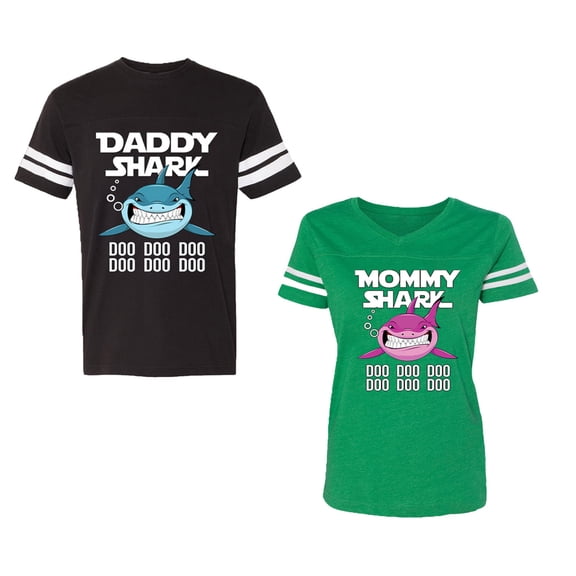 Dady Mama Shark Unisex Couple Matching Cotton Jersey style T-Shirt Contrasting stripes on sleeves (Men Black / Women Green) (Men M / Women S)