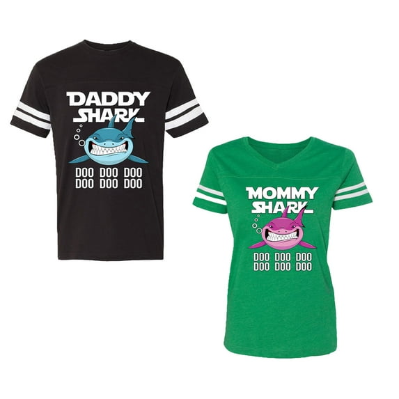 Dady Mama Shark Unisex Couple Matching Cotton Jersey style T-Shirt Contrasting stripes on sleeves (Men Black / Women Green) (Men XL / Women XXL)