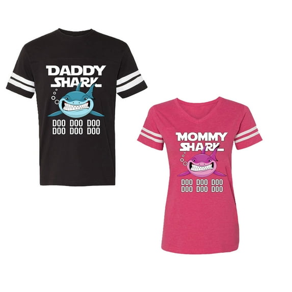 Dady Mama Shark Unisex Couple Matching Cotton Jersey style T-Shirt Contrasting stripes on sleeves (Men Black / Women Pink) (Men S / Women L)