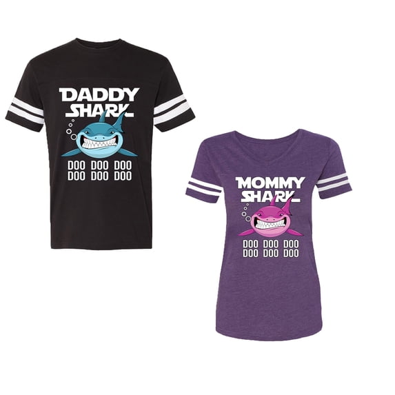 Dady Mama Shark Unisex Couple Matching Cotton Jersey style T-Shirt Contrasting stripes on sleeves (Men Black / Women Purple) (Men XL / Women XL)