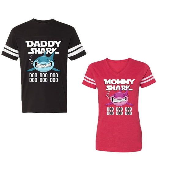 Dady Mama Shark Unisex Couple Matching Cotton Jersey style T-Shirt Contrasting stripes on sleeves (Men Black / Women Red) (Men XXL / Women L)