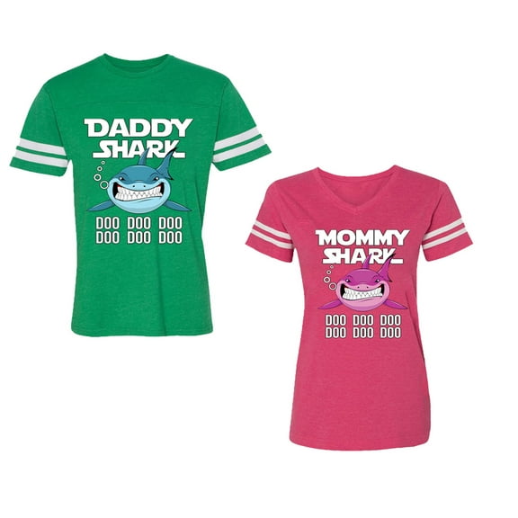 Dady Mama Shark Unisex Couple Matching Cotton Jersey style T-Shirt Contrasting stripes on sleeves (Men Green / Women Pink) (Men XL / Women M)