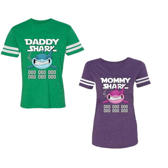 Dady Mama Shark Unisex Couple Matching Cotton Jersey style T-Shirt Contrasting stripes on sleeves (Men Green / Women Purple) (Men M / Women XXL)