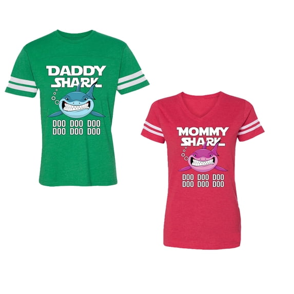 Dady Mama Shark Unisex Couple Matching Cotton Jersey style T-Shirt Contrasting stripes on sleeves (Men Green / Women Red) (Men XXL / Women XXL)