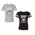 thumbnail image 1 of Dady Mama Shark Unisex Couple Matching Cotton Jersey style T-Shirt Contrasting stripes on sleeves (Men Heather / Women Black) (Men XL / Women XXL), 1 of 3
