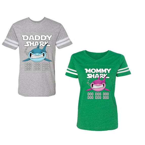 Dady Mama Shark Unisex Couple Matching Cotton Jersey style T-Shirt Contrasting stripes on sleeves (Men Heather / Women Green) (Men M / Women S)