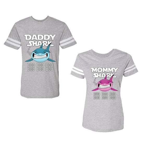 Dady Mama Shark Unisex Couple Matching Cotton Jersey style T-Shirt Contrasting stripes on sleeves (Men Heather / Women Heather) (Men L / Women XXL)