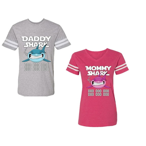 Dady Mama Shark Unisex Couple Matching Cotton Jersey style T-Shirt Contrasting stripes on sleeves (Men Heather / Women Pink) (Men XXL / Women S)