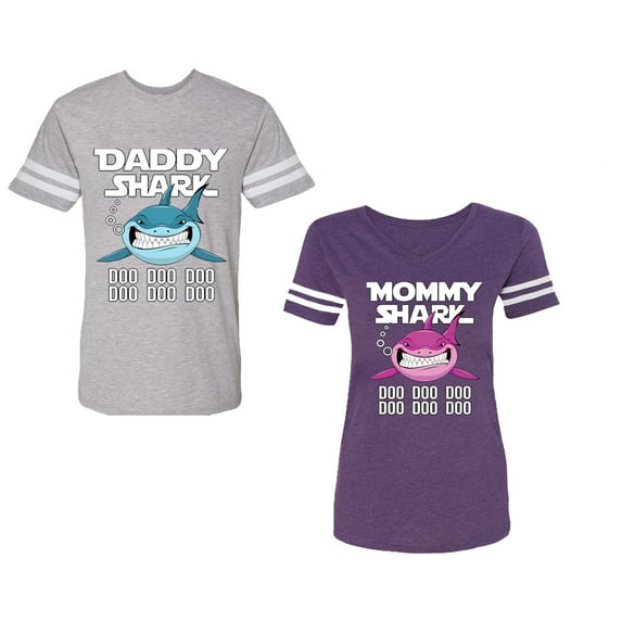 Dady Mama Shark Unisex Couple Matching Cotton Jersey style T-Shirt Contrasting stripes on sleeves (Men Heather / Women Purple) (Men S / Women L)