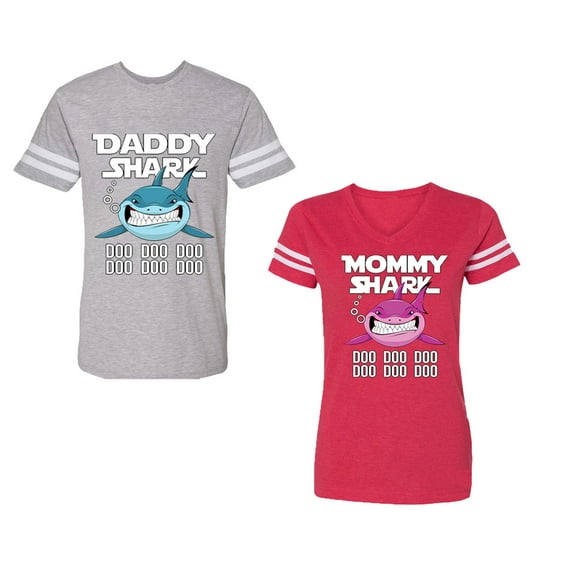Dady Mama Shark Unisex Couple Matching Cotton Jersey style T-Shirt Contrasting stripes on sleeves (Men Heather / Women Red) (Men XXXL / Women XXL)