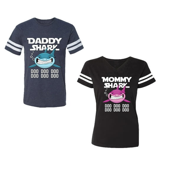 Dady Mama Shark Unisex Couple Matching Cotton Jersey style T-Shirt Contrasting stripes on sleeves (Men Navy / Women Black) (Men M / Women XXL)