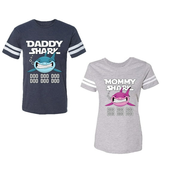 Dady Mama Shark Unisex Couple Matching Cotton Jersey style T-Shirt Contrasting stripes on sleeves (Men Navy / Women Heather) (Men M / Women M)
