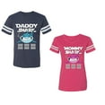 thumbnail image 1 of Dady Mama Shark Unisex Couple Matching Cotton Jersey style T-Shirt Contrasting stripes on sleeves (Men Navy / Women Pink) (Men XL / Women XXL), 1 of 3