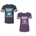 thumbnail image 1 of Dady Mama Shark Unisex Couple Matching Cotton Jersey style T-Shirt Contrasting stripes on sleeves (Men Navy / Women Purple) (Men L / Women S), 1 of 3