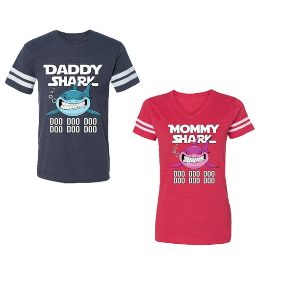 Dady Mama Shark Unisex Couple Matching Cotton Jersey style T-Shirt Contrasting stripes on sleeves (Men Navy / Women Red) (Men XXXL / Women XXL)