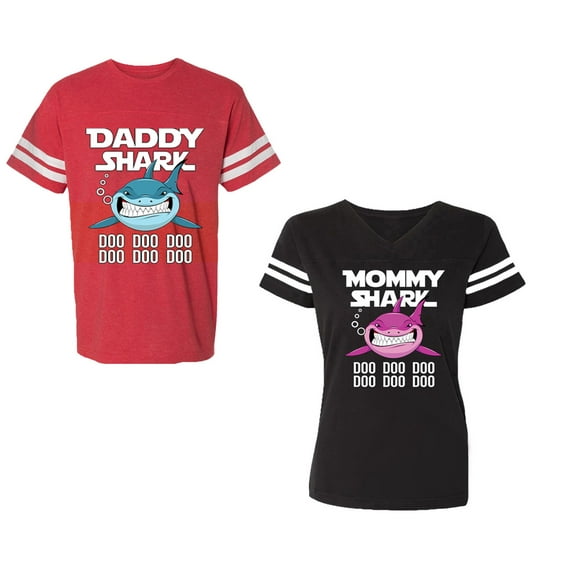 Dady Mama Shark Unisex Couple Matching Cotton Jersey style T-Shirt Contrasting stripes on sleeves (Men Red / Women Black) (Men XXL / Women XL)
