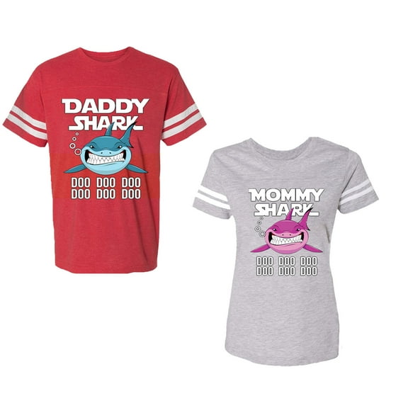 Dady Mama Shark Unisex Couple Matching Cotton Jersey style T-Shirt Contrasting stripes on sleeves (Men Red / Women Heather) (Men XXL / Women XXL)