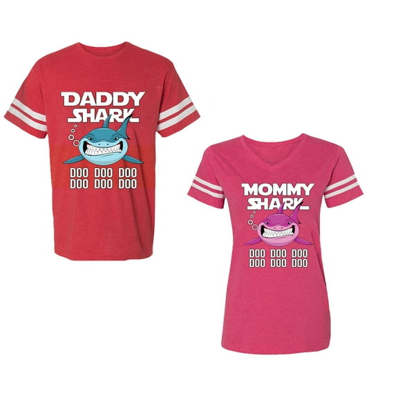 Dady Mama Shark Unisex Couple Matching Cotton Jersey style T-Shirt Contrasting stripes on sleeves (Men Red / Women Pink) (Men XXL / Women XXL)