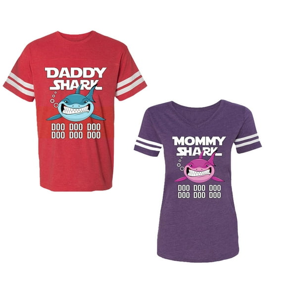 Dady Mama Shark Unisex Couple Matching Cotton Jersey style T-Shirt Contrasting stripes on sleeves (Men Red / Women Purple) (Men XXL / Women L)