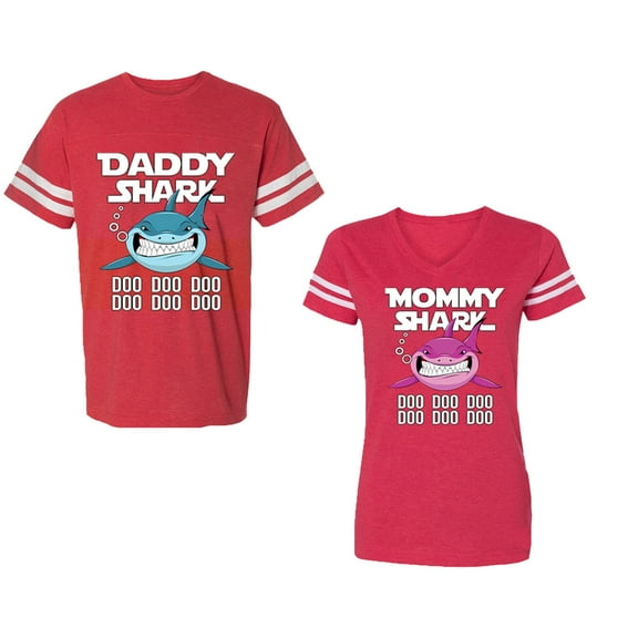 Dady Mama Shark Unisex Couple Matching Cotton Jersey style T-Shirt Contrasting stripes on sleeves (Men Red / Women Red) (Men XXL / Women XL)
