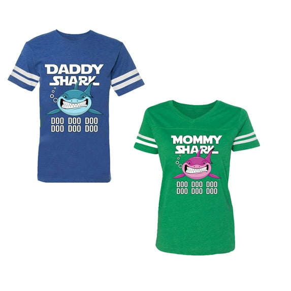 Dady Mama Shark Unisex Couple Matching Cotton Jersey style T-Shirt Contrasting stripes on sleeves (Men Royal / Women Green) (Men XL / Women M)