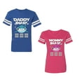thumbnail image 1 of Dady Mama Shark Unisex Couple Matching Cotton Jersey style T-Shirt Contrasting stripes on sleeves (Men Royal / Women Pink) (Men XXL / Women L), 1 of 3
