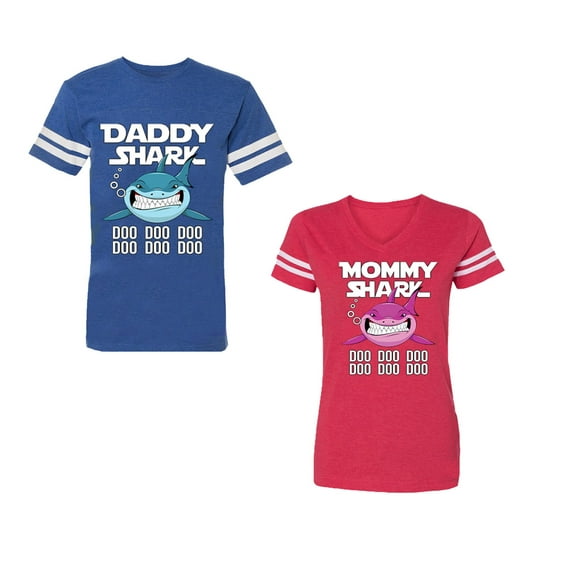 Dady Mama Shark Unisex Couple Matching Cotton Jersey style T-Shirt Contrasting stripes on sleeves (Men Royal / Women Red) (Men M / Women S)