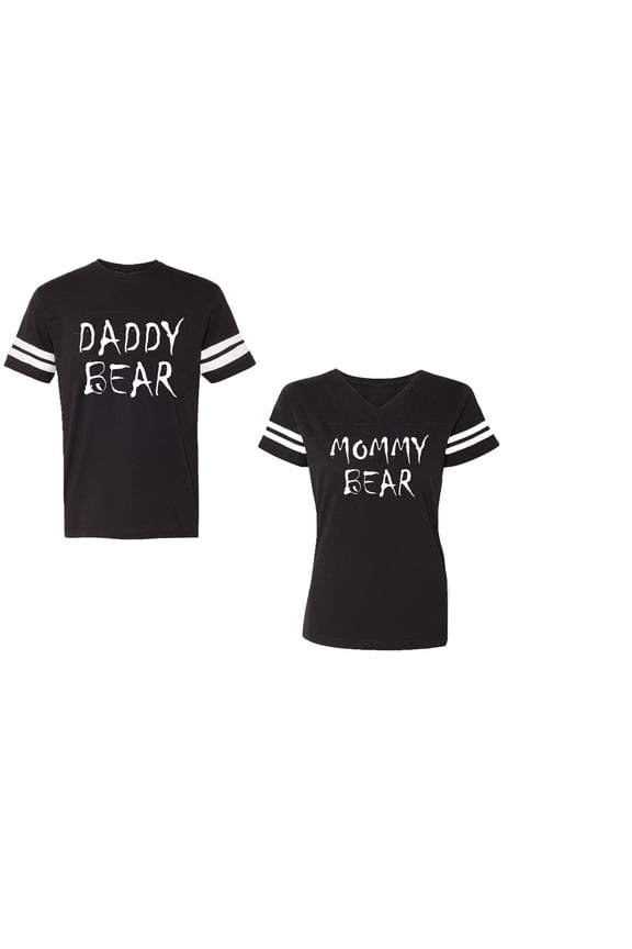 Dady Mommy Bear Unisex Couple Matching Cotton Jersey style T-Shirt Contrasting stripes on sleeves (Men Black / Women Black) (Men S / Women S)