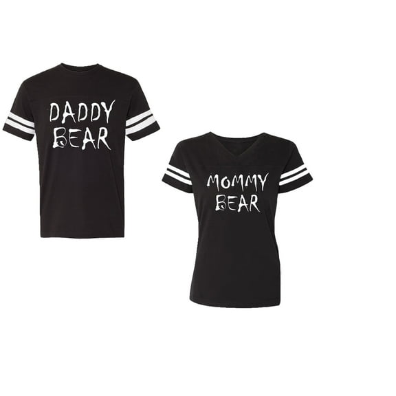 Dady Mommy Bear Unisex Couple Matching Cotton Jersey style T-Shirt Contrasting stripes on sleeves (Men Black / Women Black) (Men S / Women S)