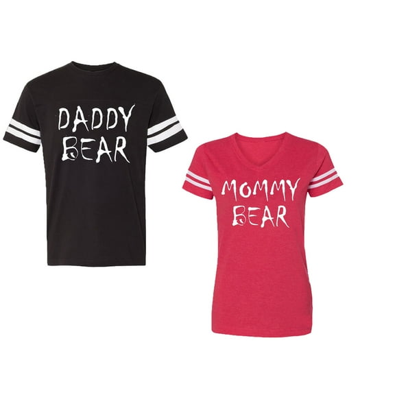 Dady Mommy Bear Unisex Couple Matching Cotton Jersey style T-Shirt Contrasting stripes on sleeves (Men Black / Women Red) (Men M / Women XL)