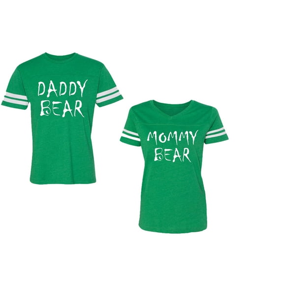 Dady Mommy Bear Unisex Couple Matching Cotton Jersey style T-Shirt Contrasting stripes on sleeves (Men Green / Women Green) (Men S / Women XXL)