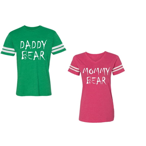 Dady Mommy Bear Unisex Couple Matching Cotton Jersey style T-Shirt Contrasting stripes on sleeves (Men Green / Women Pink) (Men S / Women XXL)