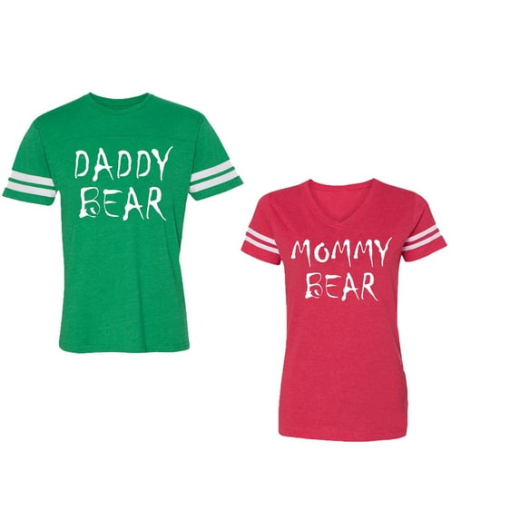 Dady Mommy Bear Unisex Couple Matching Cotton Jersey style T-Shirt Contrasting stripes on sleeves (Men Green / Women Red) (Men M / Women M)