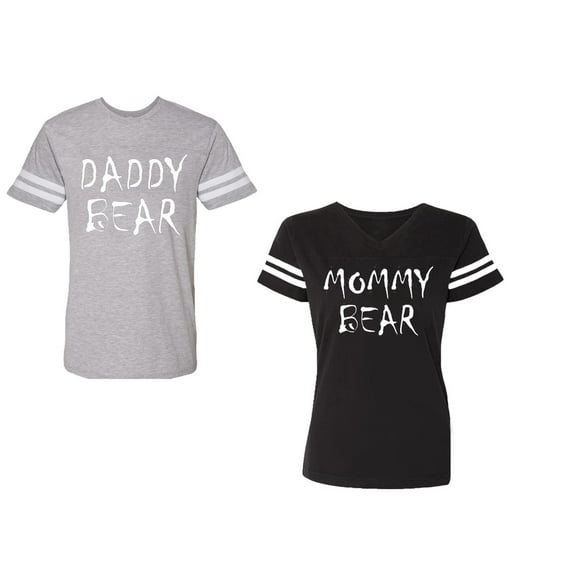 Dady Mommy Bear Unisex Couple Matching Cotton Jersey style T-Shirt Contrasting stripes on sleeves (Men Heather / Women Black) (Men XXL / Women L)