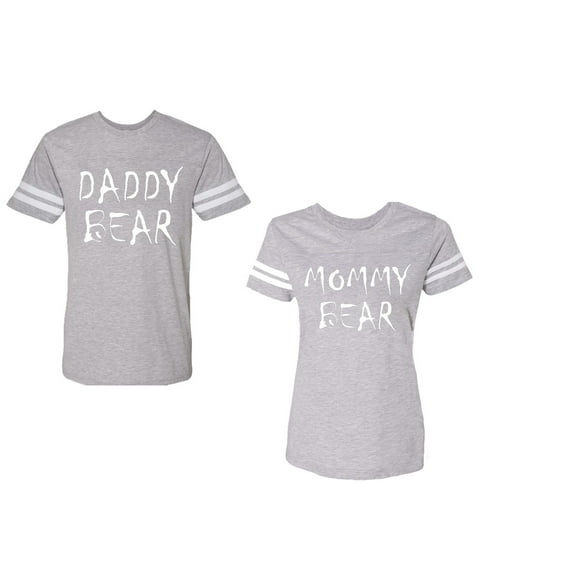 Dady Mommy Bear Unisex Couple Matching Cotton Jersey style T-Shirt Contrasting stripes on sleeves (Men Heather / Women Heather) (Men S / Women L)