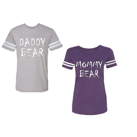 Dady Mommy Bear Unisex Couple Matching Cotton Jersey style T-Shirt Contrasting stripes on sleeves (Men Heather / Women Purple) (Men S / Women M)