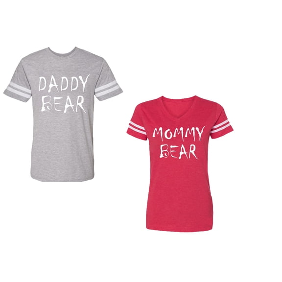 Dady Mommy Bear Unisex Couple Matching Cotton Jersey style T-Shirt Contrasting stripes on sleeves (Men Heather / Women Red) (Men S / Women L)