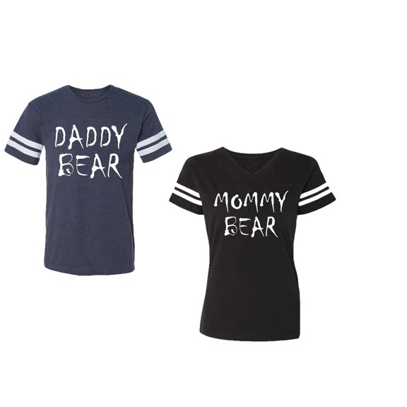 Dady Mommy Bear Unisex Couple Matching Cotton Jersey style T-Shirt Contrasting stripes on sleeves (Men Navy / Women Black) (Men XXXL / Women XXL)