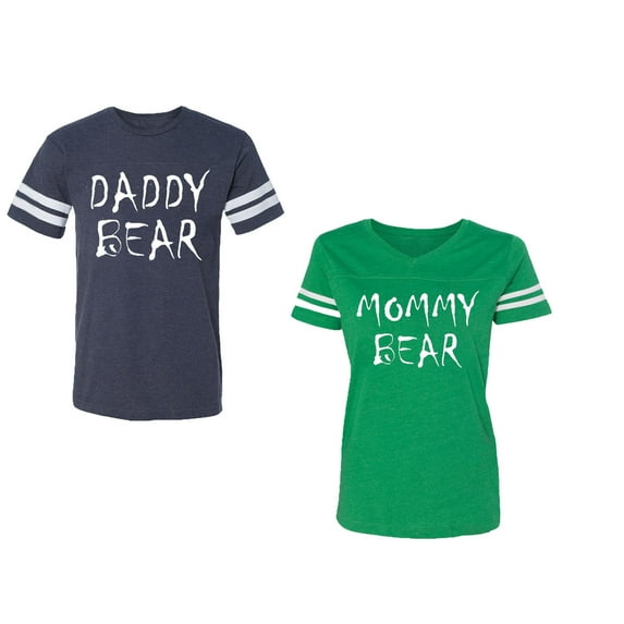 Dady Mommy Bear Unisex Couple Matching Cotton Jersey style T-Shirt Contrasting stripes on sleeves (Men Navy / Women Green) (Men XXL / Women L)