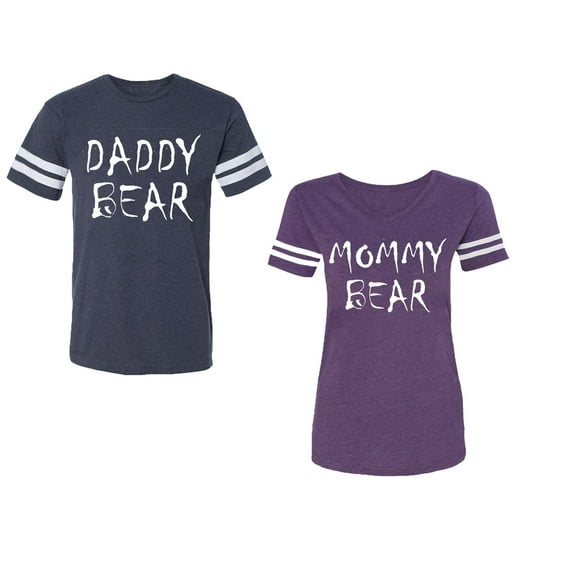 Dady Mommy Bear Unisex Couple Matching Cotton Jersey style T-Shirt Contrasting stripes on sleeves (Men Navy / Women Purple) (Men L / Women XL)