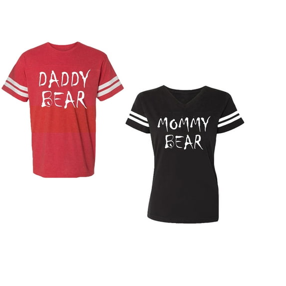 Dady Mommy Bear Unisex Couple Matching Cotton Jersey style T-Shirt Contrasting stripes on sleeves (Men Red / Women Black) (Men S / Women S)