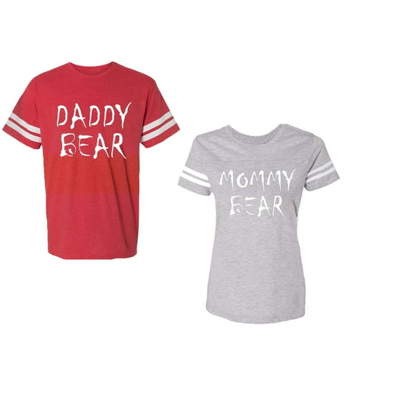 Dady Mommy Bear Unisex Couple Matching Cotton Jersey style T-Shirt Contrasting stripes on sleeves (Men Red / Women Heather) (Men M / Women M)