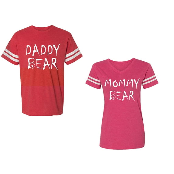 Dady Mommy Bear Unisex Couple Matching Cotton Jersey style T-Shirt Contrasting stripes on sleeves (Men Red / Women Pink) (Men XXL / Women XL)