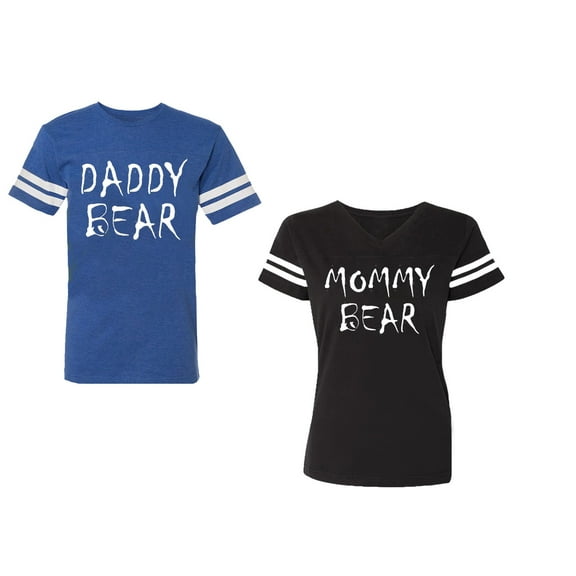 Dady Mommy Bear Unisex Couple Matching Cotton Jersey style T-Shirt Contrasting stripes on sleeves (Men Royal / Women Black) (Men XL / Women S)